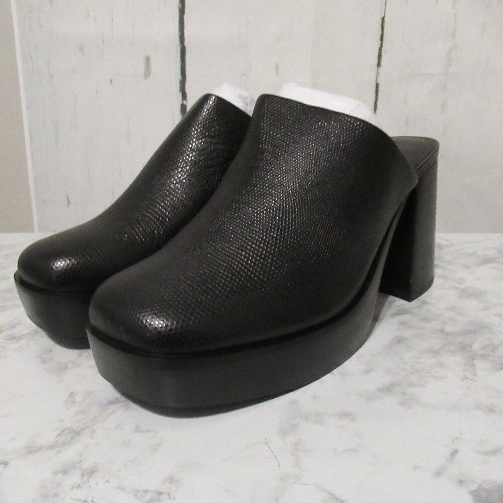 Eric Javits Mule Clogs 10 Black Leather Lizard Genevieve Heeled Non Skid